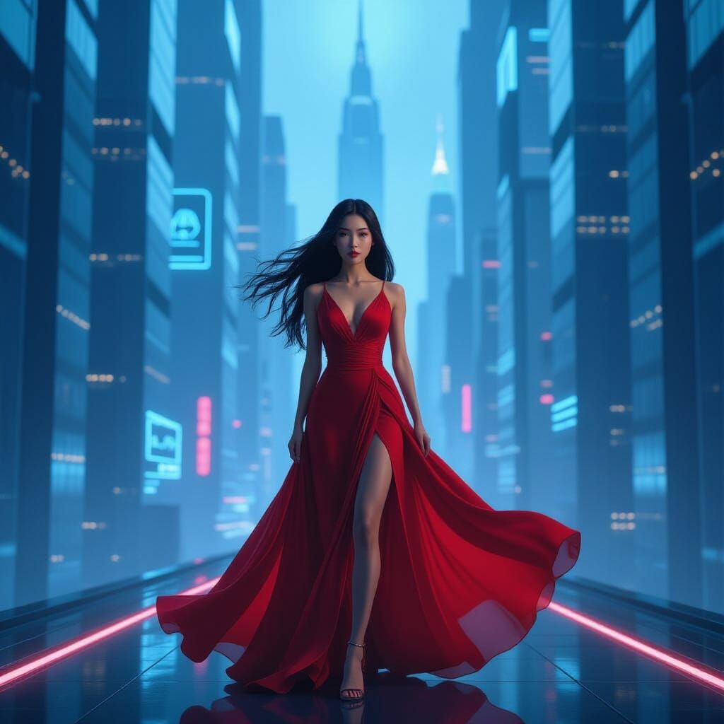 Confident Woman in Futuristic Metropolis, Cinematic Lighting