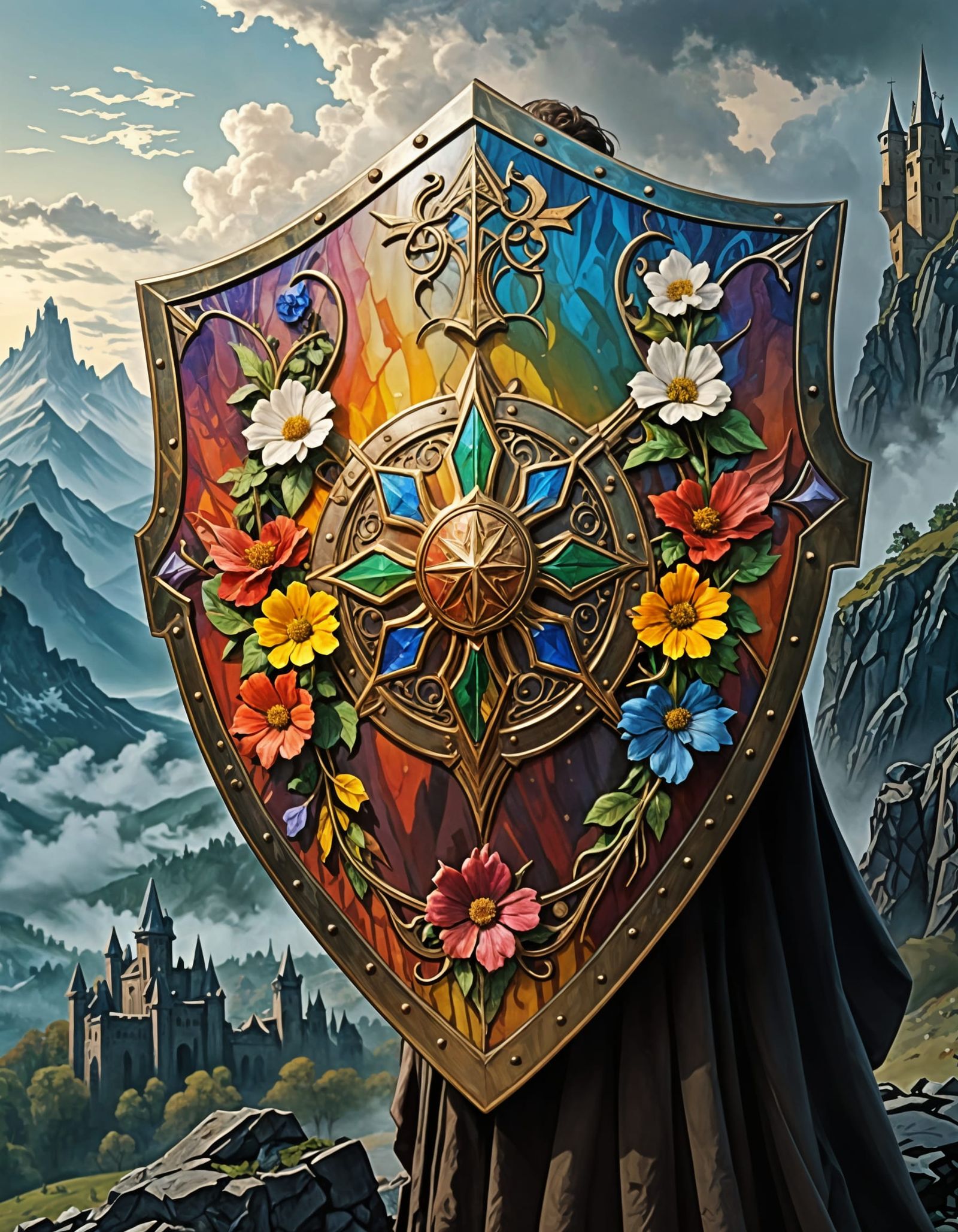 Mystical Shield of Flowers in Art Nouveau Style