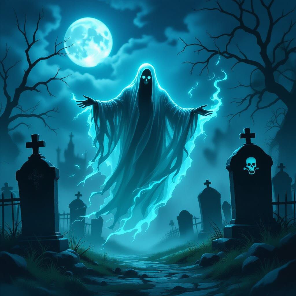 Bioluminescent Ghost in Moonlit Graveyard