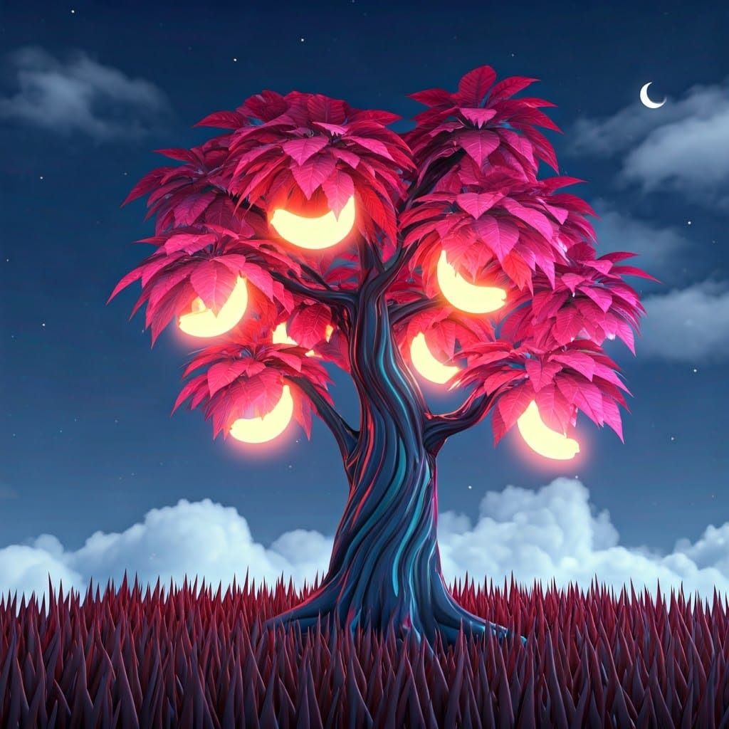 Luminous Cherry Tree in Dreamy Moonlit Landscape