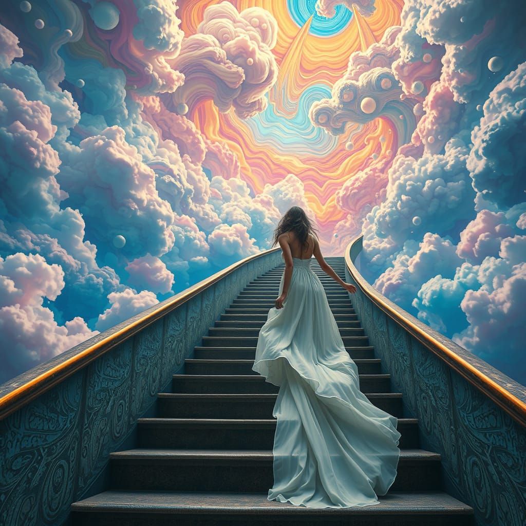Ethereal Woman Climbs Infinite Staircase in Dreamlike Surrea...