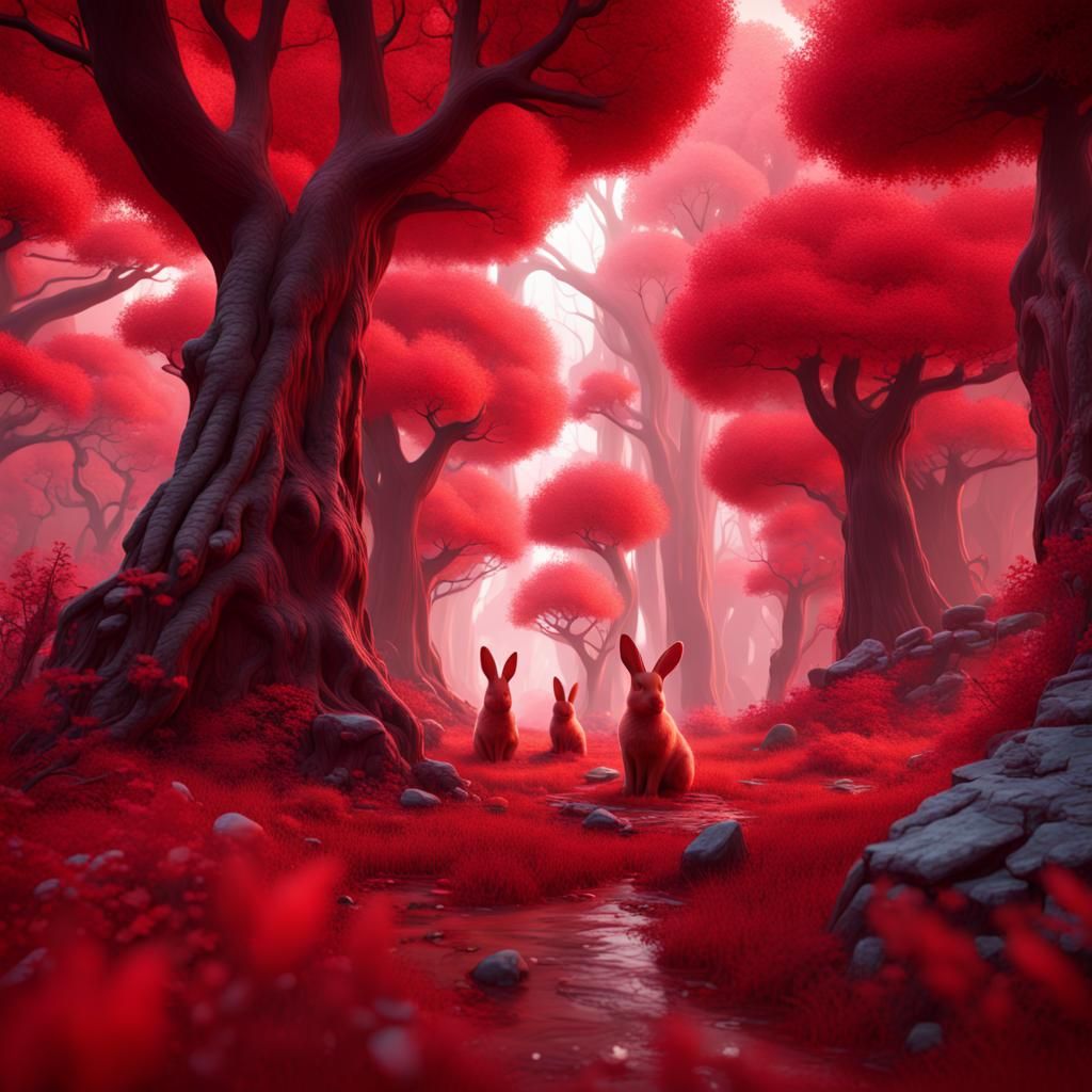 Red Bunnies in a Fantastical Red Forest