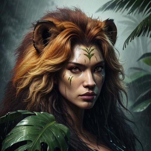 Hyperrealistic Lion and Girl in Jungle Rain