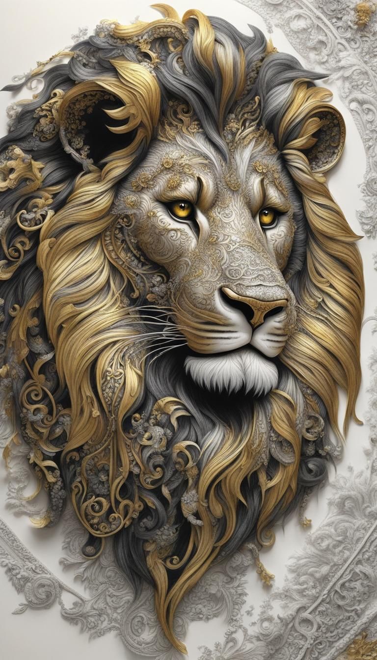 Anthropomorphic Lion in Black, White and Gold