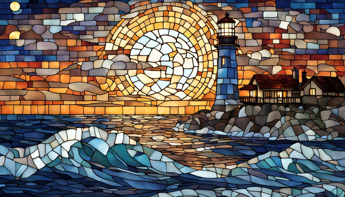 Lighthouse Under Moon in Stained Glass Mosaic