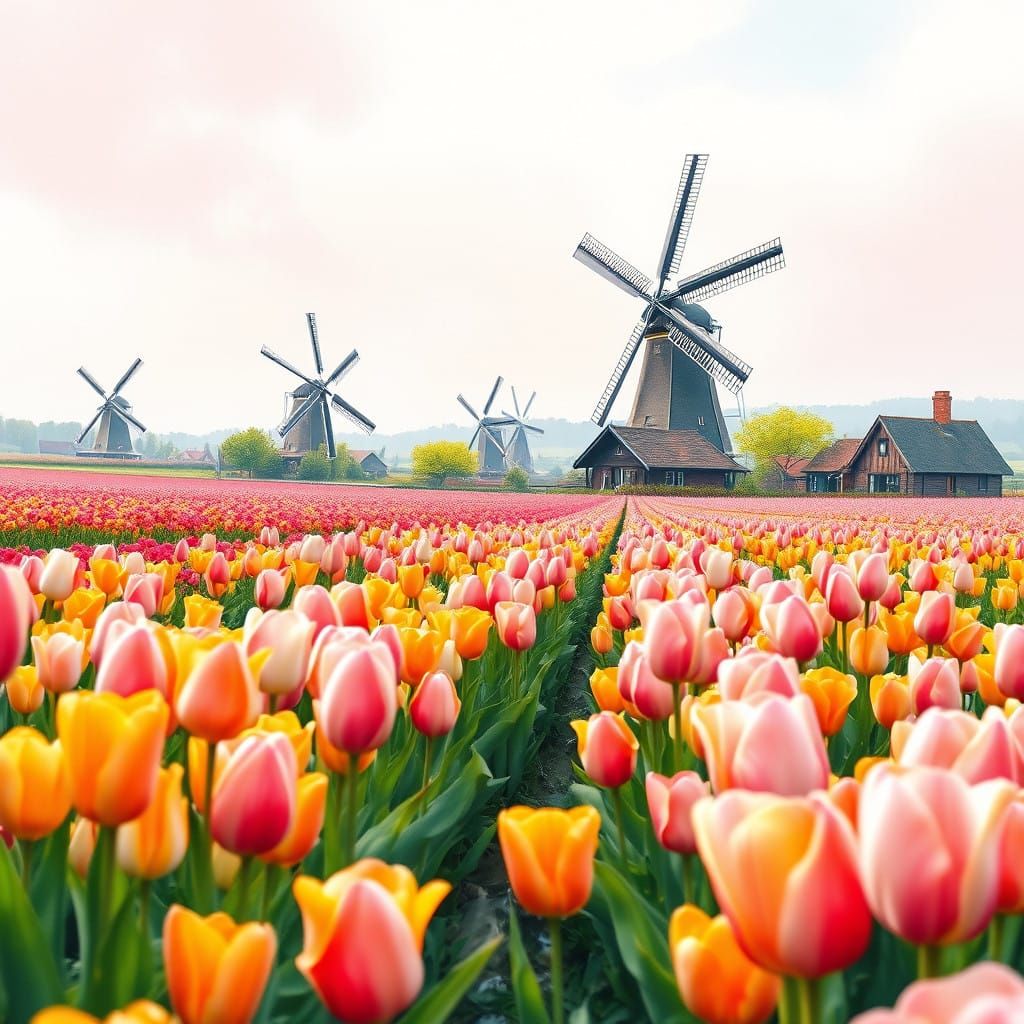 Dreamy Holland Tulip Fields in Whimsical Watercolor Art
