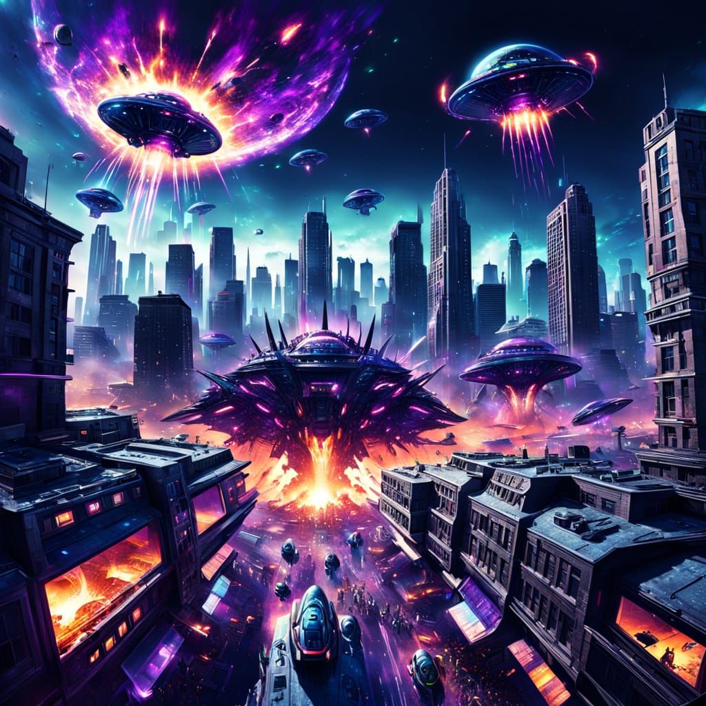 Space Aliens Invade City in Sci-Fi Digital Art