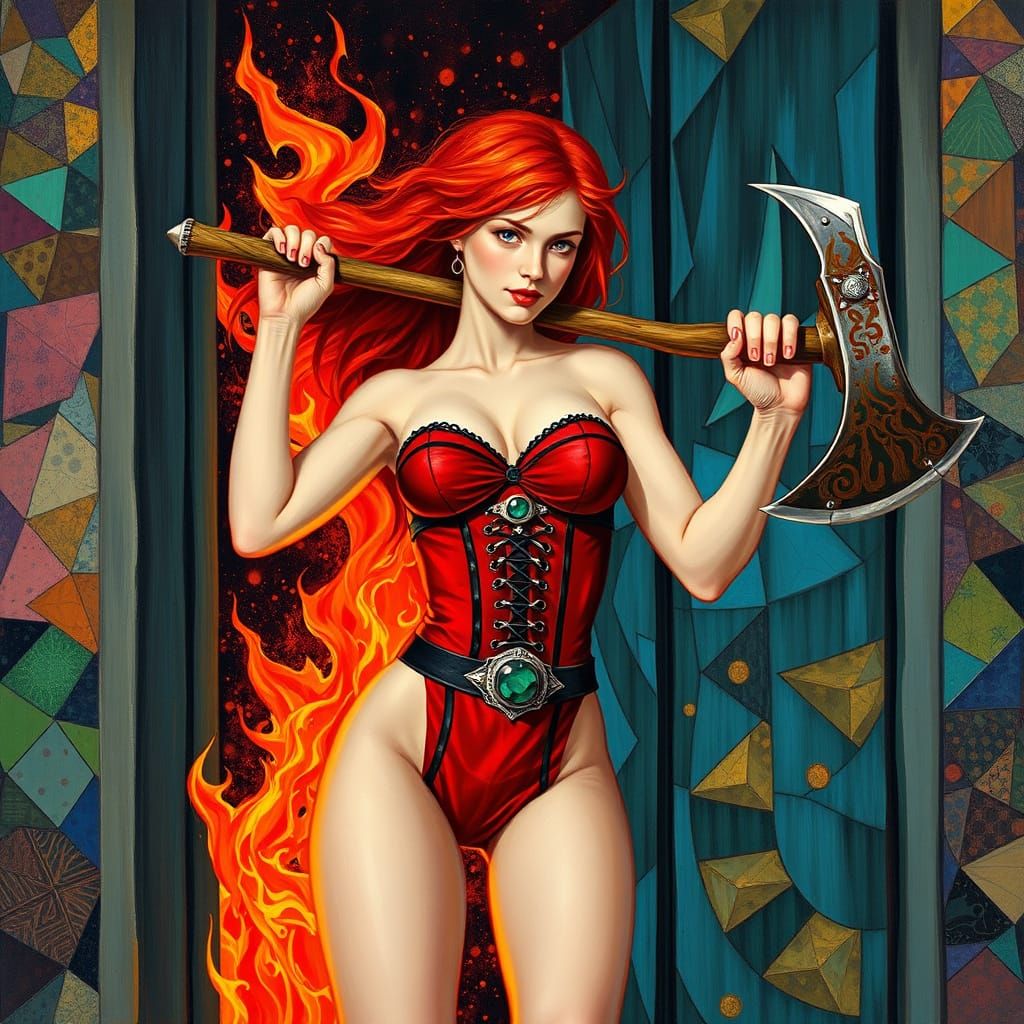 Redhead Warrior Emerges from Fiery Door in Vibrant Post-Impr...