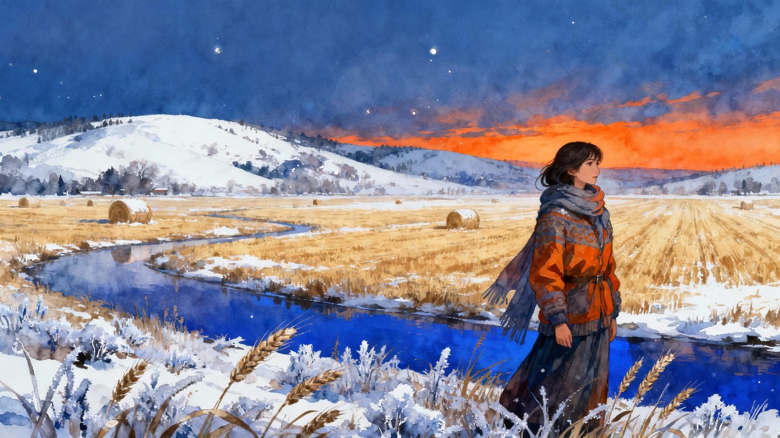 Woman in Snow Amidst Midwestern Plains in Watercolor