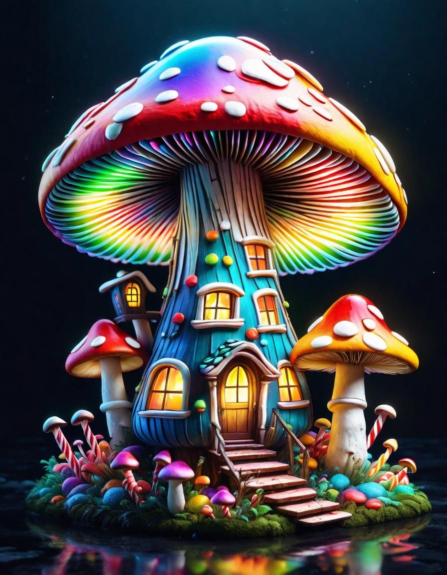 Whimsical Rainbow Candy Cane Mushroom House