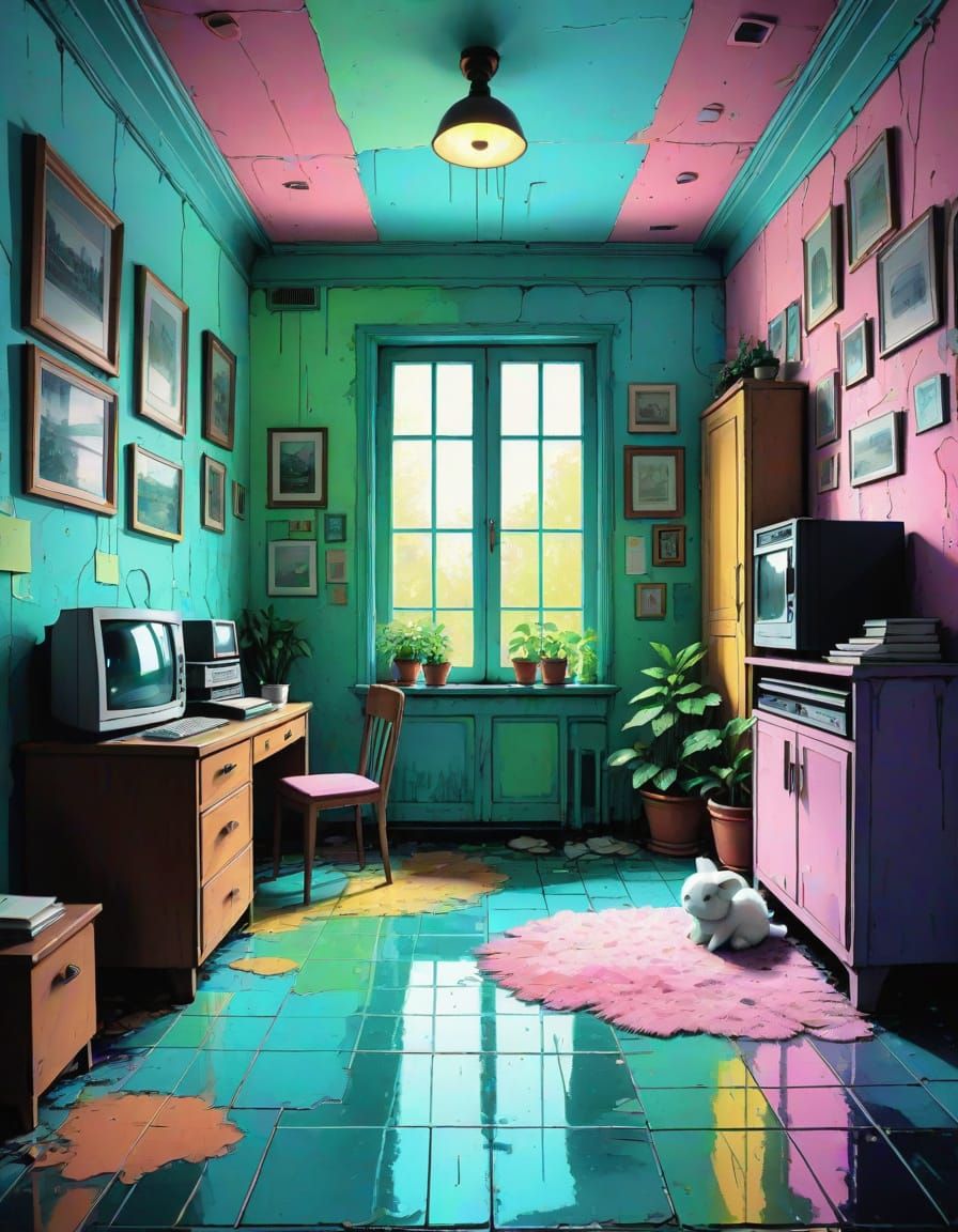 Creepy Kawaii Dreamcore Room with Pastel Decay