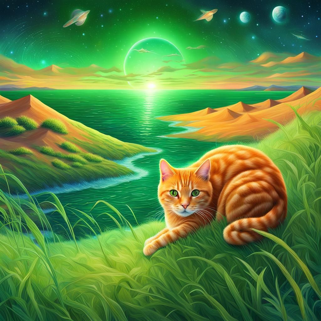 Ginger Cat Overlooking Beach: Astral Illustration
