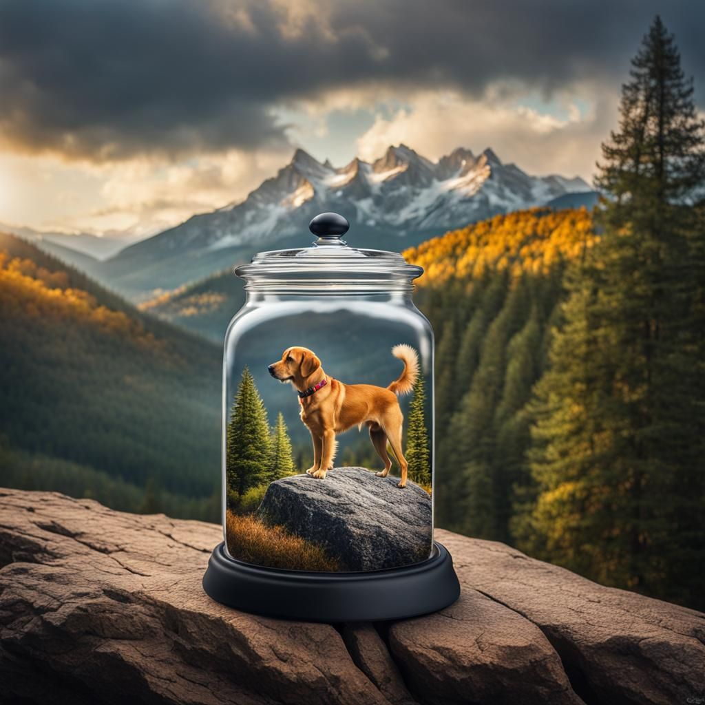 Dog in a Jar with Mountain View, Hyperrealistic