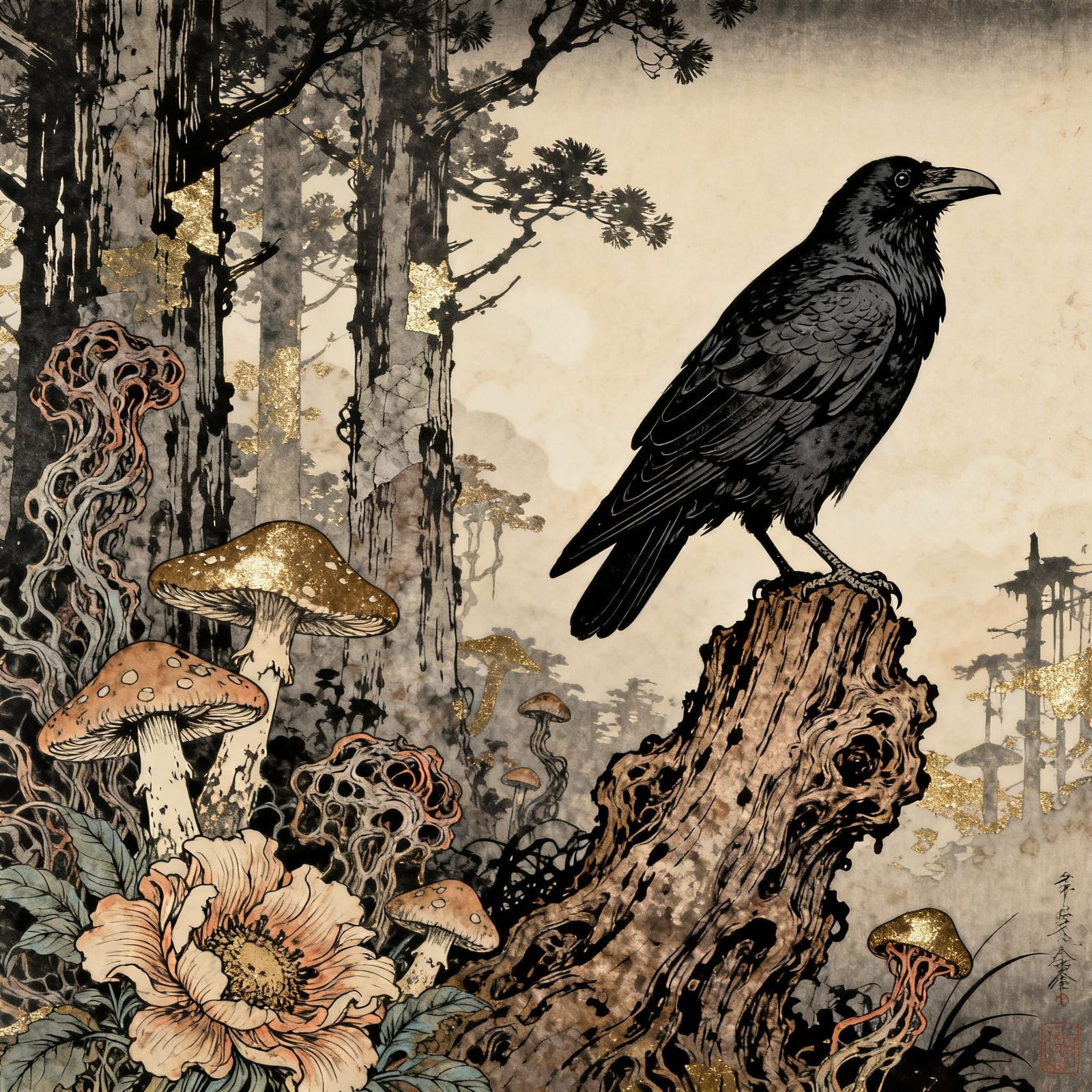 Post-Apocalyptic Raven Amidst Forest Flora