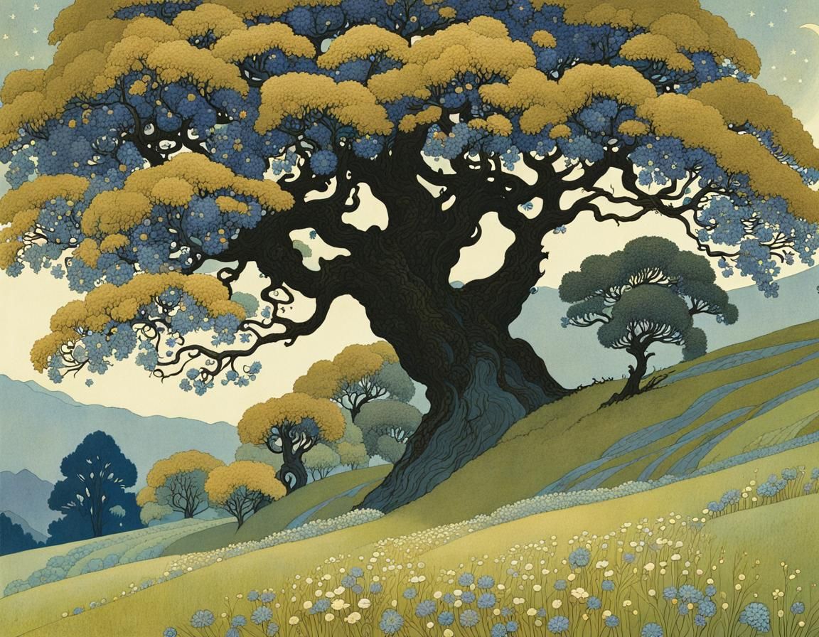 Moonlit Landscape with Wildflowers in Illustrative Style