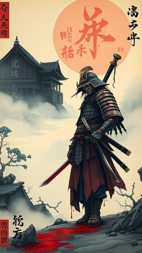 Blood-soaked Ronin in Haunting Feudal Japanese Landscape