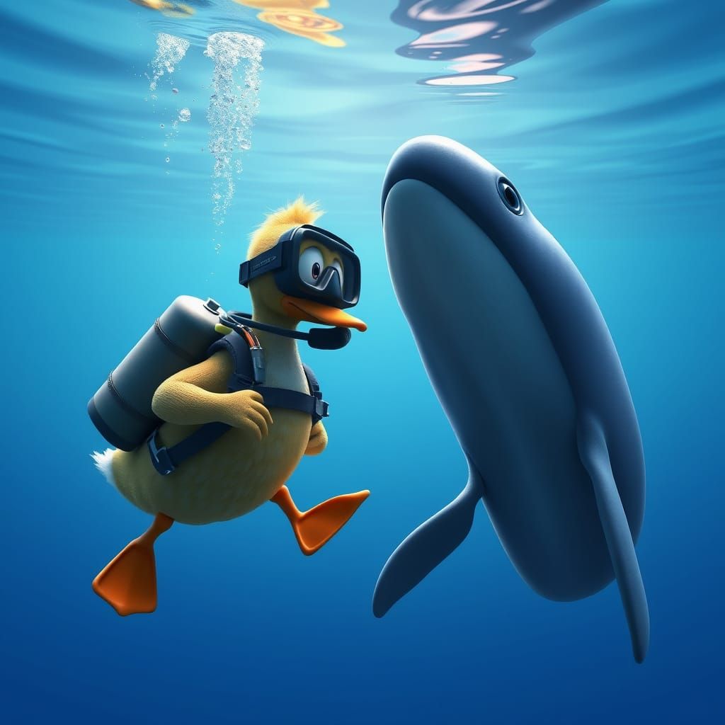 Duck Scuba Diver and Whale Encounter: 3D Digital Art
