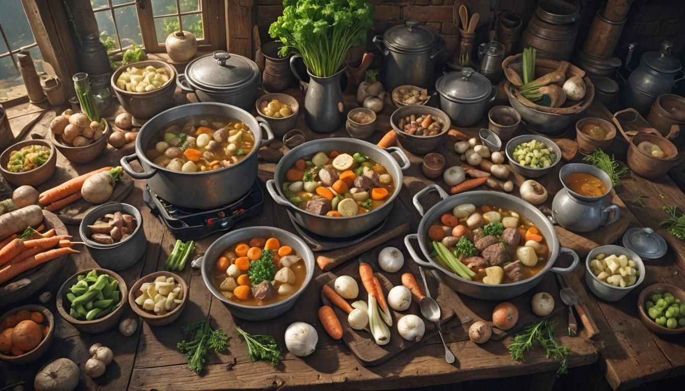 Lovely pot au feu stew.  Rustic kitchen and cookware.  Carrots, celery, turnips.  Wooden table and rustic kitchen. detai...