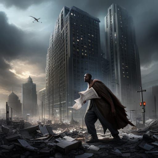 Man Confronts Monster in Ruined City