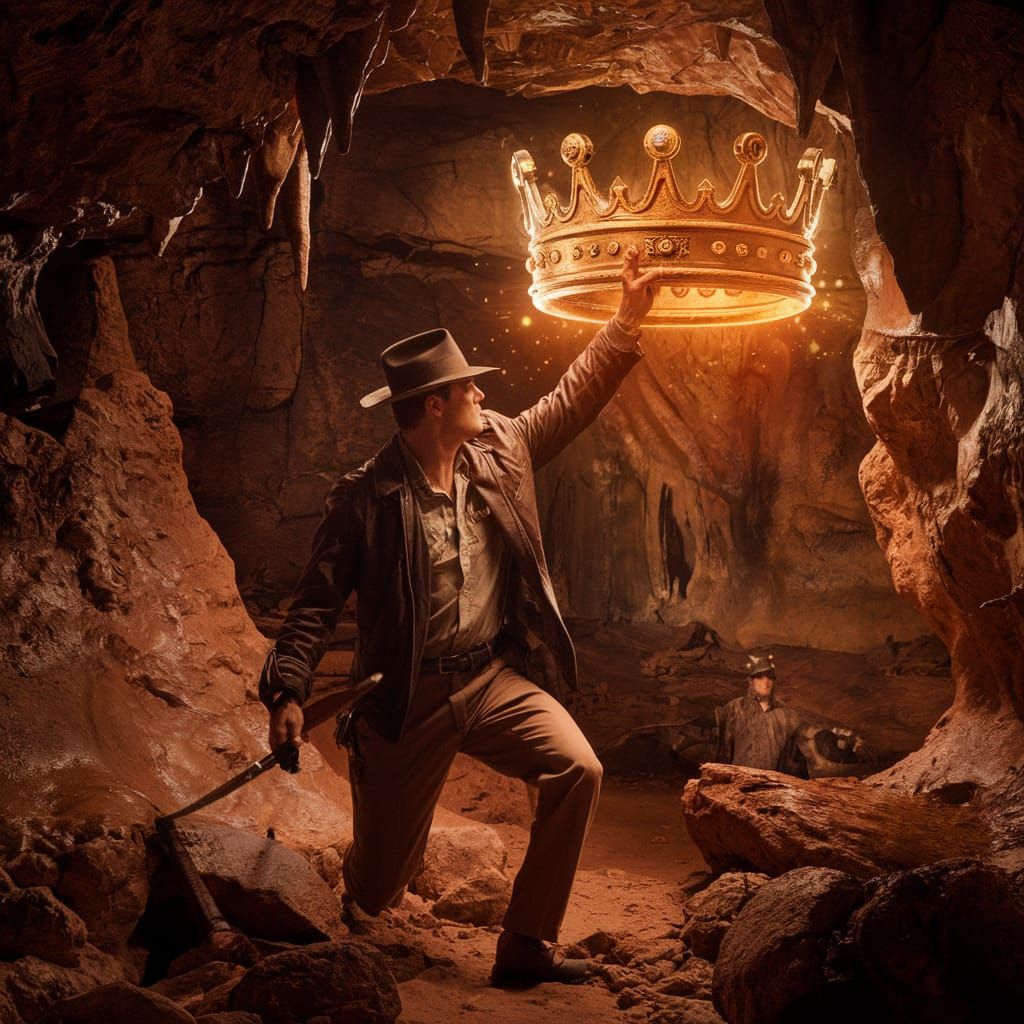 Indiana Jones Reaches for Glowing Golden Crown in Cave