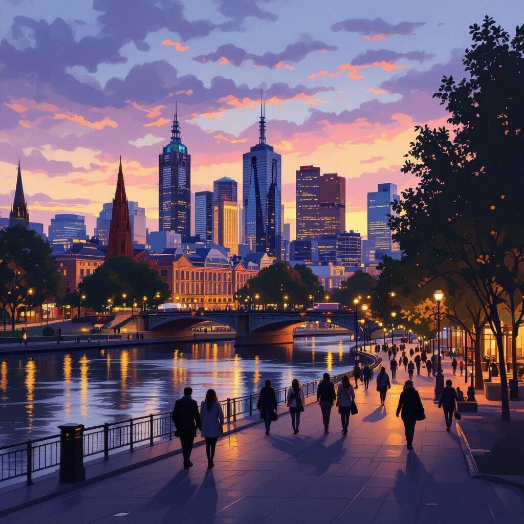 Melbourne Cityscape at Dusk in Impressionist Style