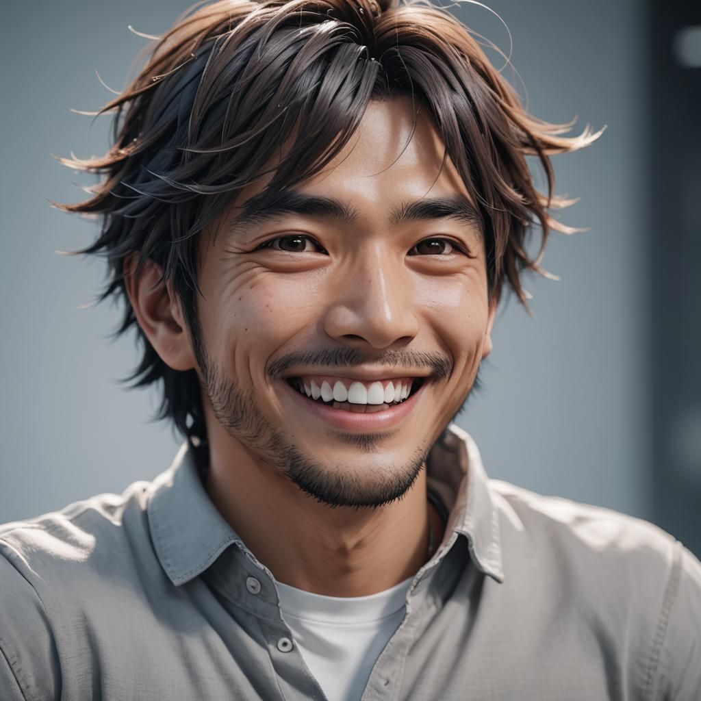 Smiling Man in Anime Style with Macro Lens