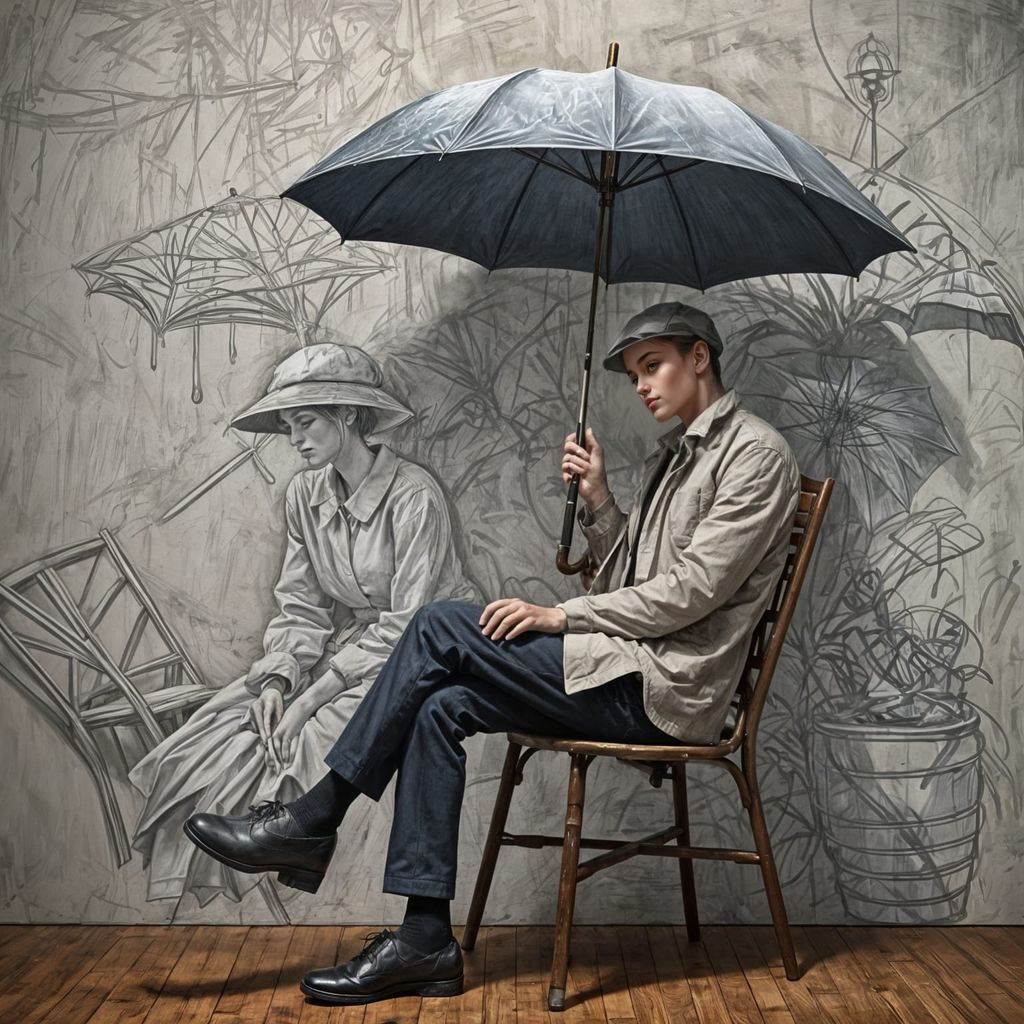 Seamless Wall Drawing with Real Umbrella and Chair