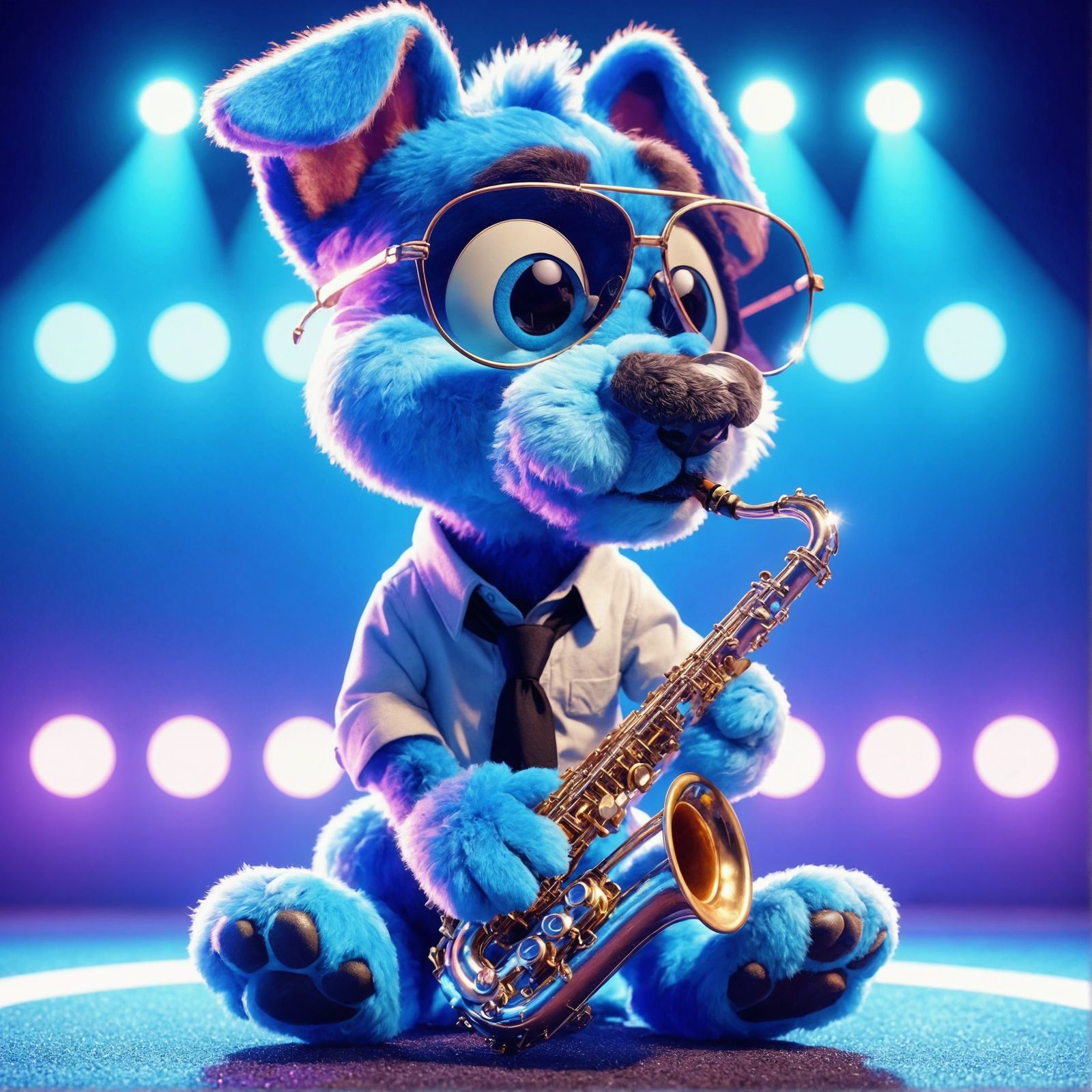 Blue CGI Dog Plays Saxophone in Animated Style