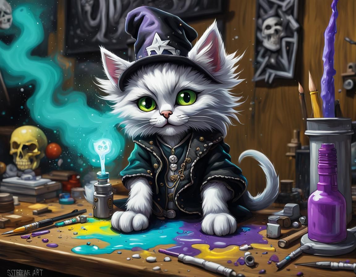 Kitten Sorcerer with Sugar Skull, Graffiti Art Style