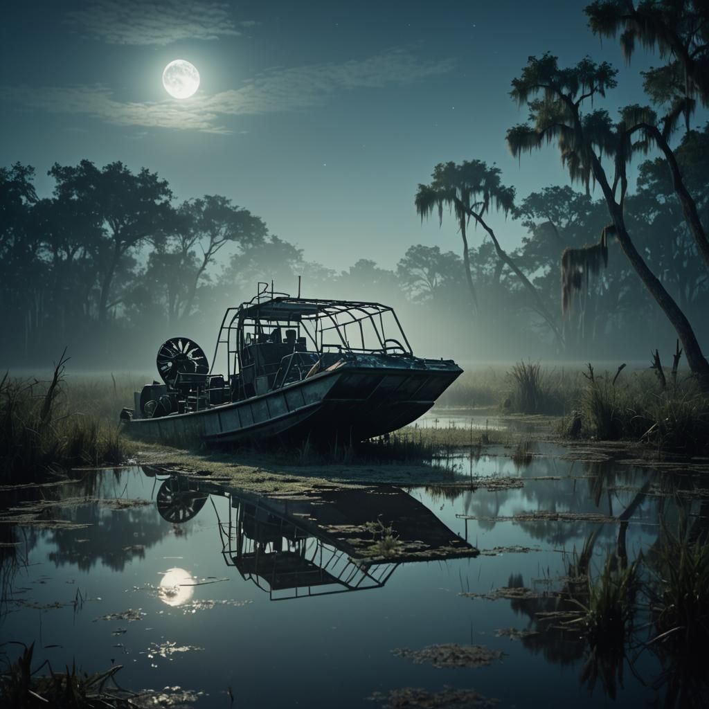 Misty Swamp Airboat at Night: Cinematic Film Still
