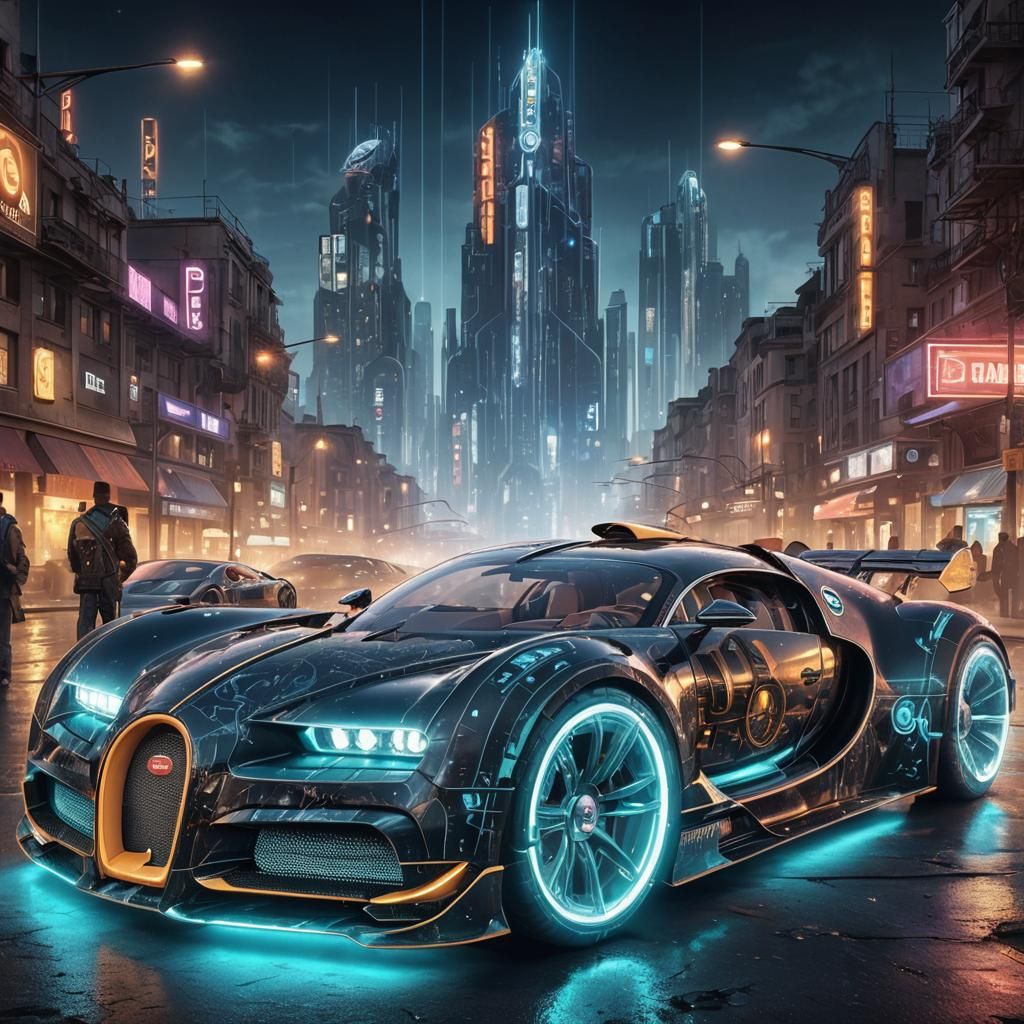 Cyberpunk Bugatti 35B in Futuristic Cityscape