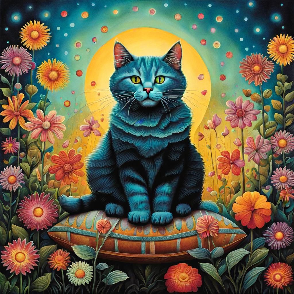 Cat Surrounded by Flowers in Surreal Style