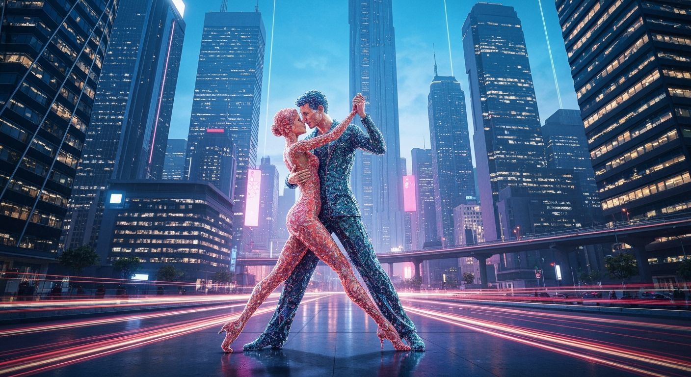 Glass Splinter Tango Dancers in Futuristic City