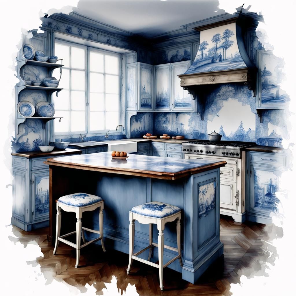 Watercolor Kitchen with Toile de Jouy Furniture