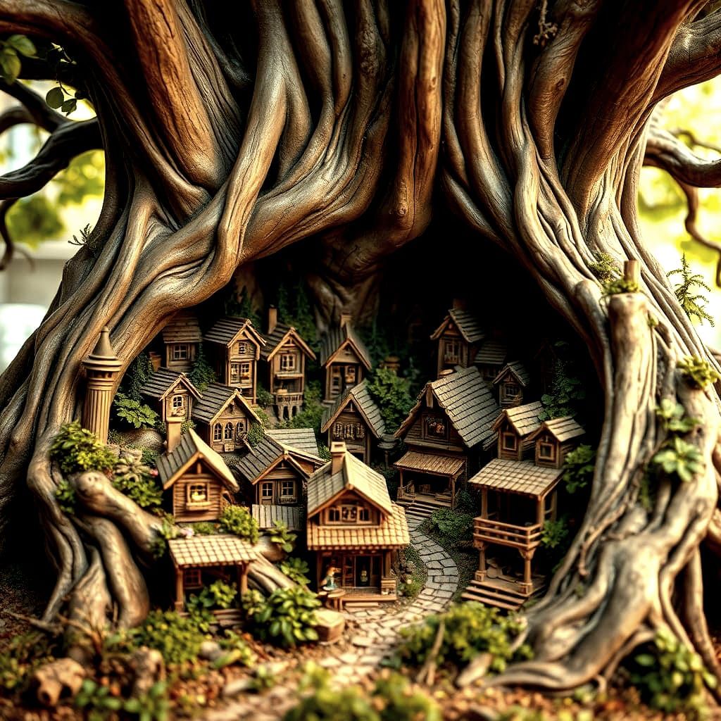 Miniature Village Carved in a Tree Hollow