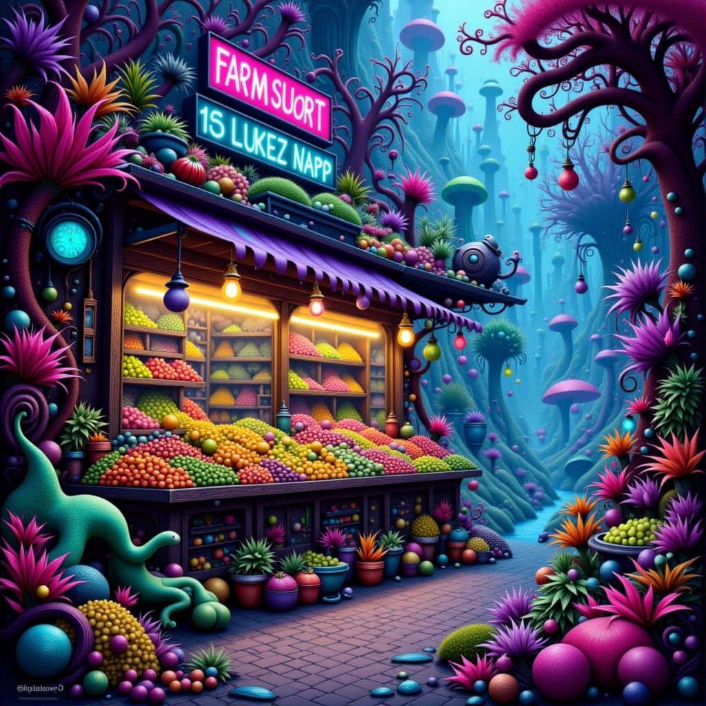 Bioluminescent Farmstand in Alien Marketplace