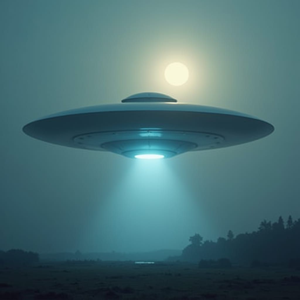 Futuristic UFO over Moonlit Landscape in Syd Mead Style