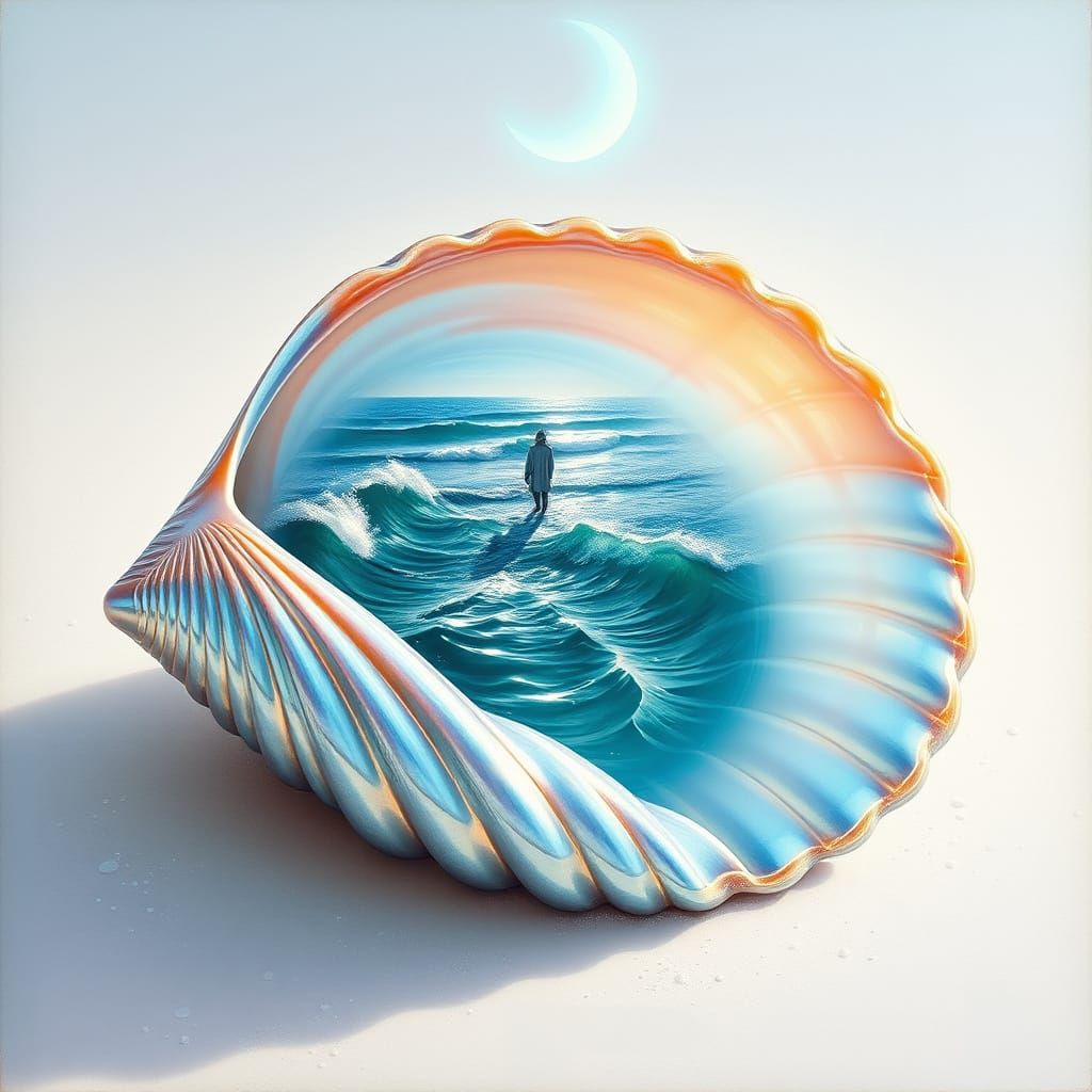 Iridescent Seashell on White Sand in Moonlit Ocean Scene