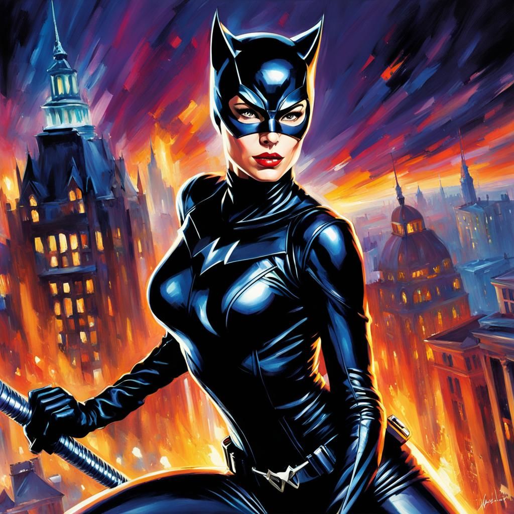 Catwoman Action Portrait in Comic Book Style