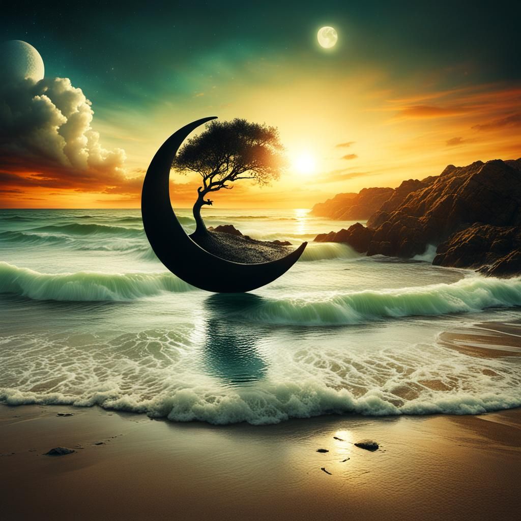 Surreal Yin Yang Sun Moon Beach Sunset