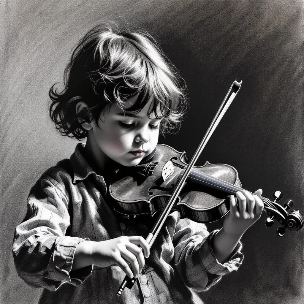 Child Violinist in Dramatic Charcoal Drawing