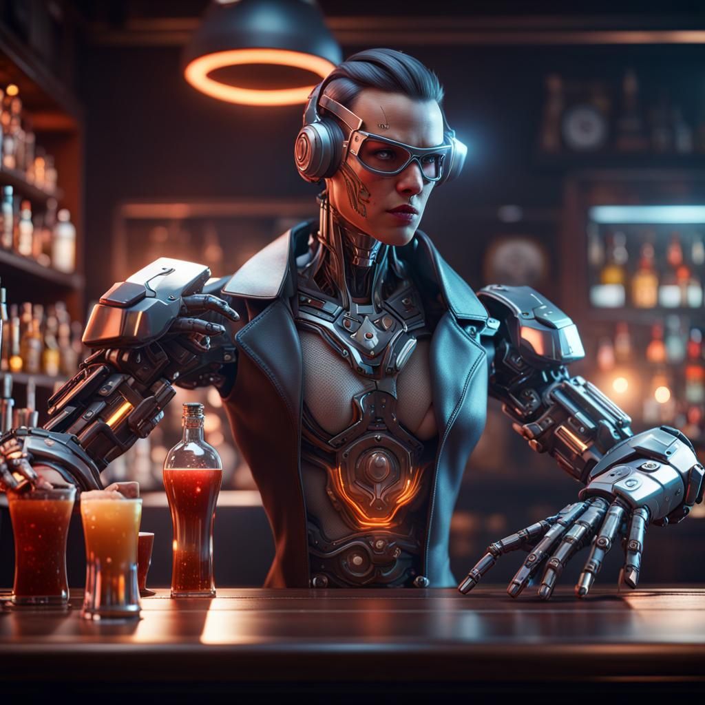 Cyborg Bartender in Cinematic 3D Game Style