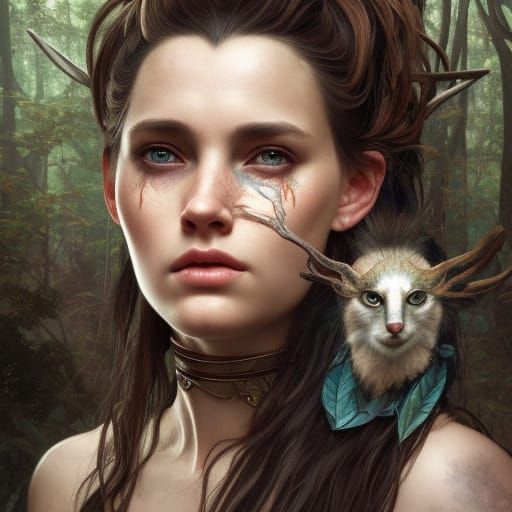 Artemis Summons Forest Creatures: Hyperdetailed Portrait