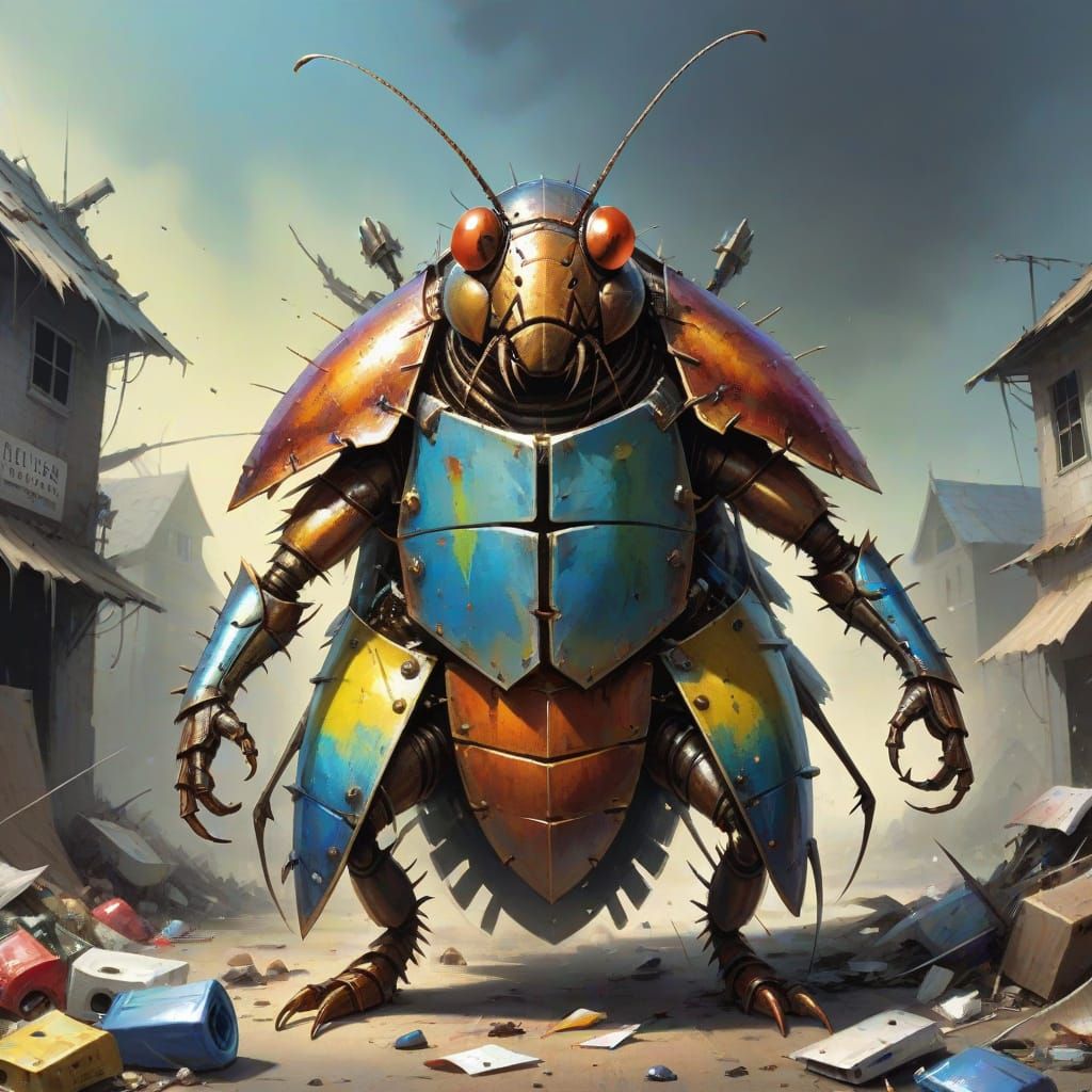 Anthropomorphic Cockroach Warrior in Garbage Armor
