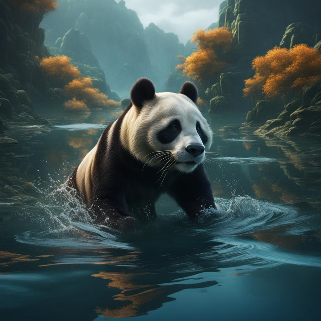 Panda Swimming in River: Detailed Fantasy Concept Art