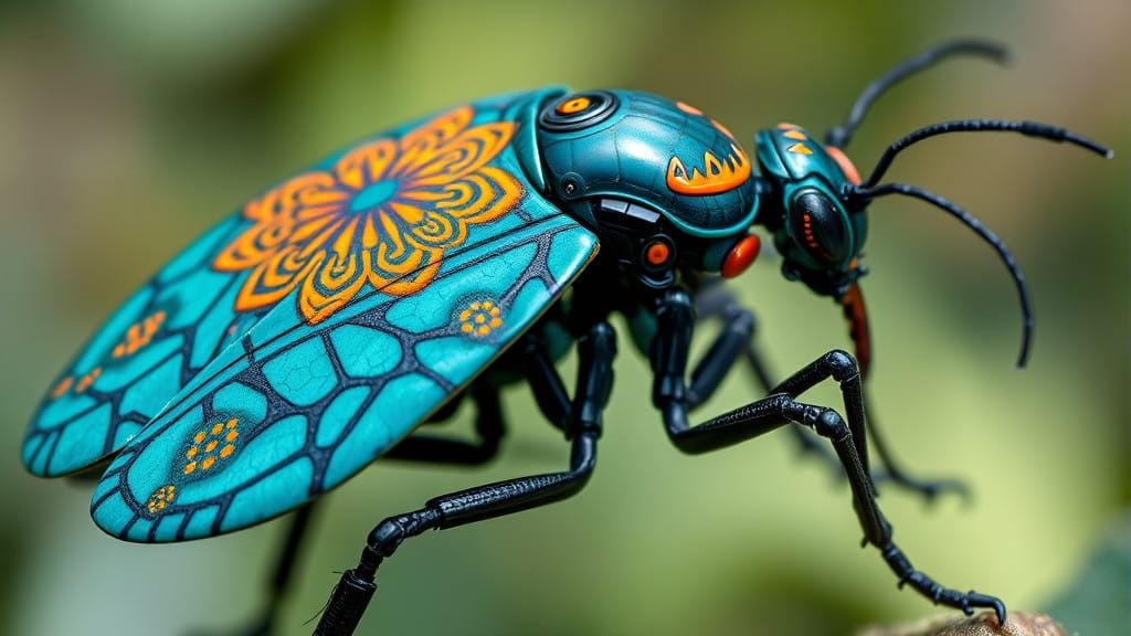 Realistic Alien Robot Insect in Teal Ceramic Armor
