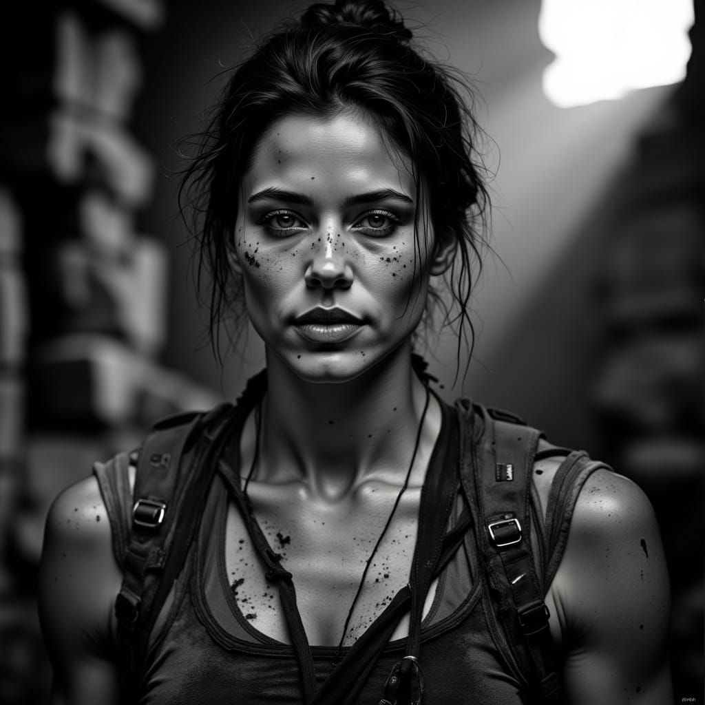 Black and White Portrait of a Fierce Archaeologist