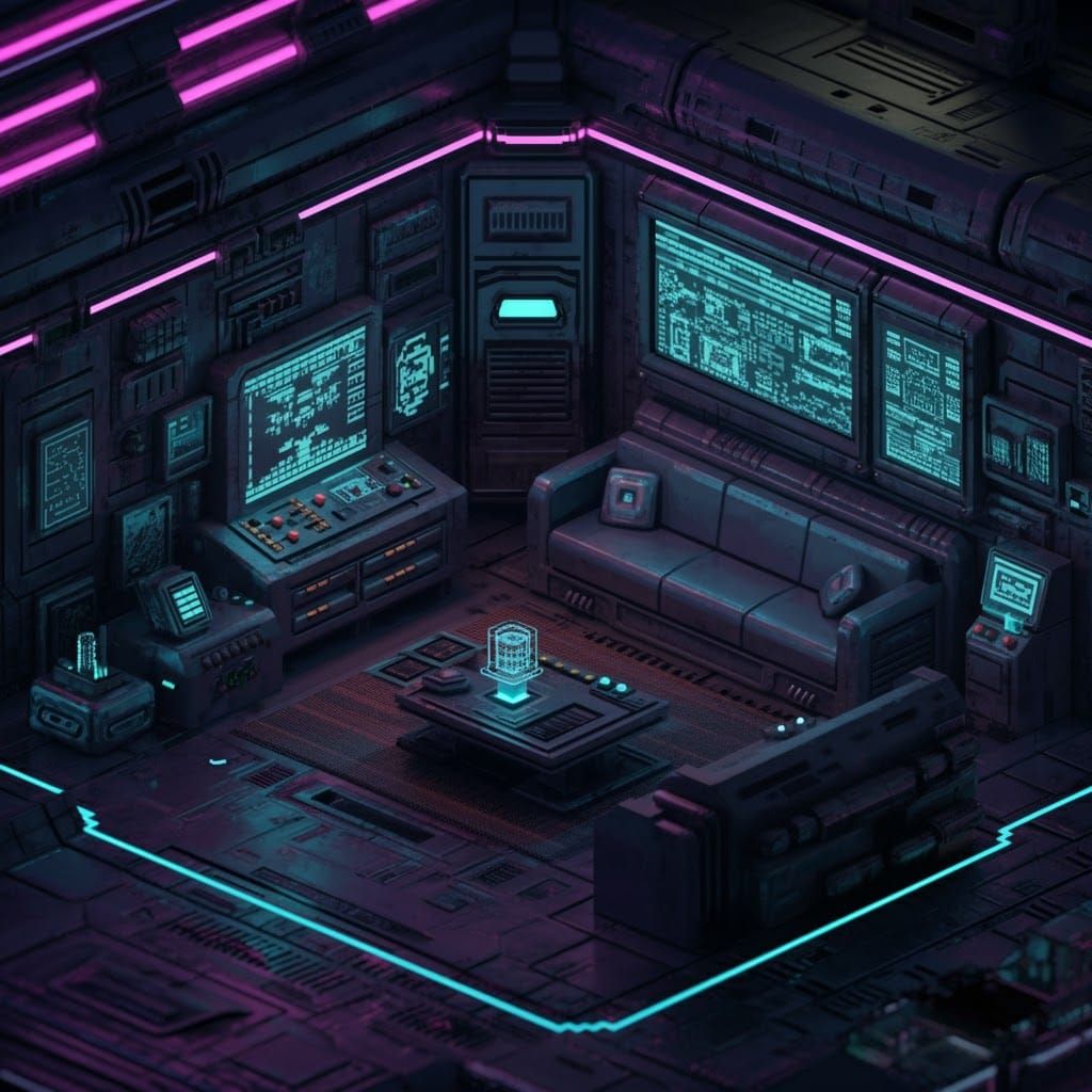 Futuristic 8-Bit Living Room in Neon Light