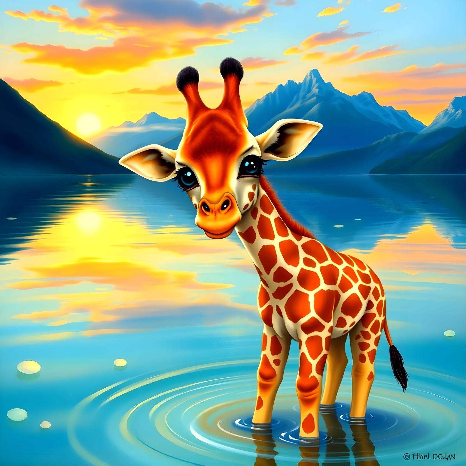 Baby Giraffe Stands in Majestic Blue Lake as Sunset Unfolds