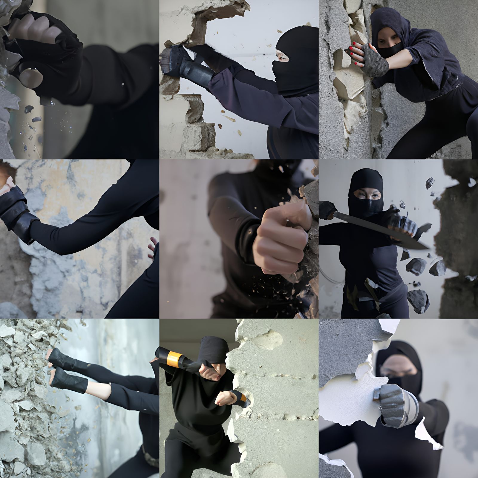 Ninja Woman Shatters Concrete Wall: 8k Photo